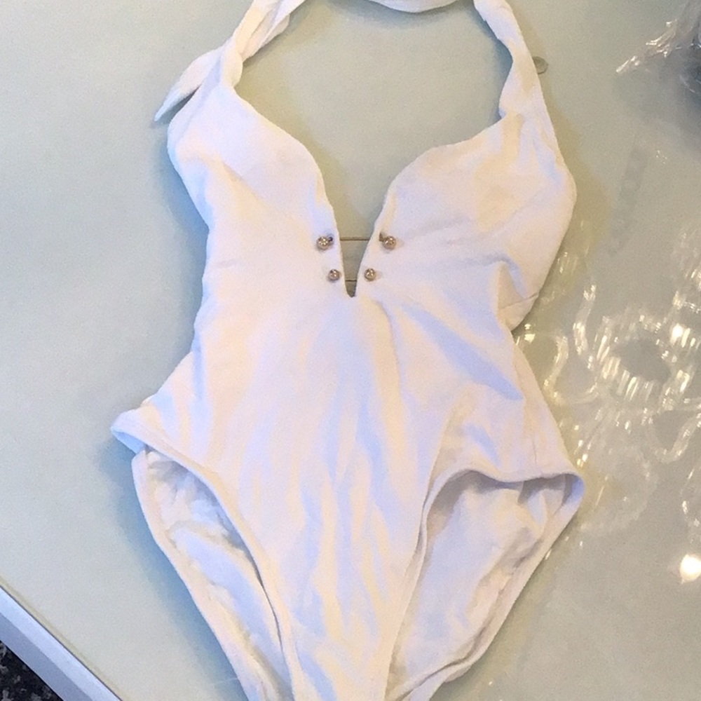 Robin Piccone  White Halter One-Piece Swimsuit with Front Accent Buttons
